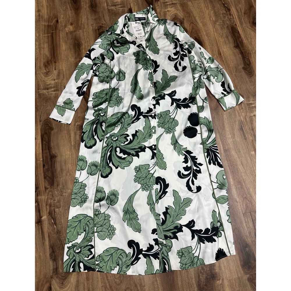 Zara Woman's Sz M Green Floral Print Midi Button Front Shirt Dress